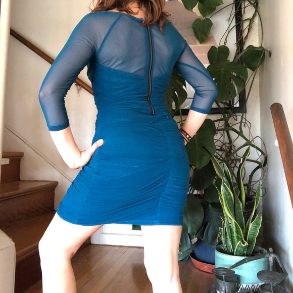 Bardot Ruched Mesh Bodycon Blue Mini Dress S - Picture 3 of 12